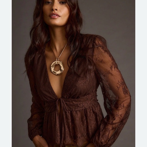12th Tribe Tops - 12th Tribe Sheer Lace Tie-Front Blouse in Dark Brown